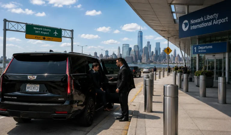 Black chauffeur car outside a terminal at Newark Liberty International Airport