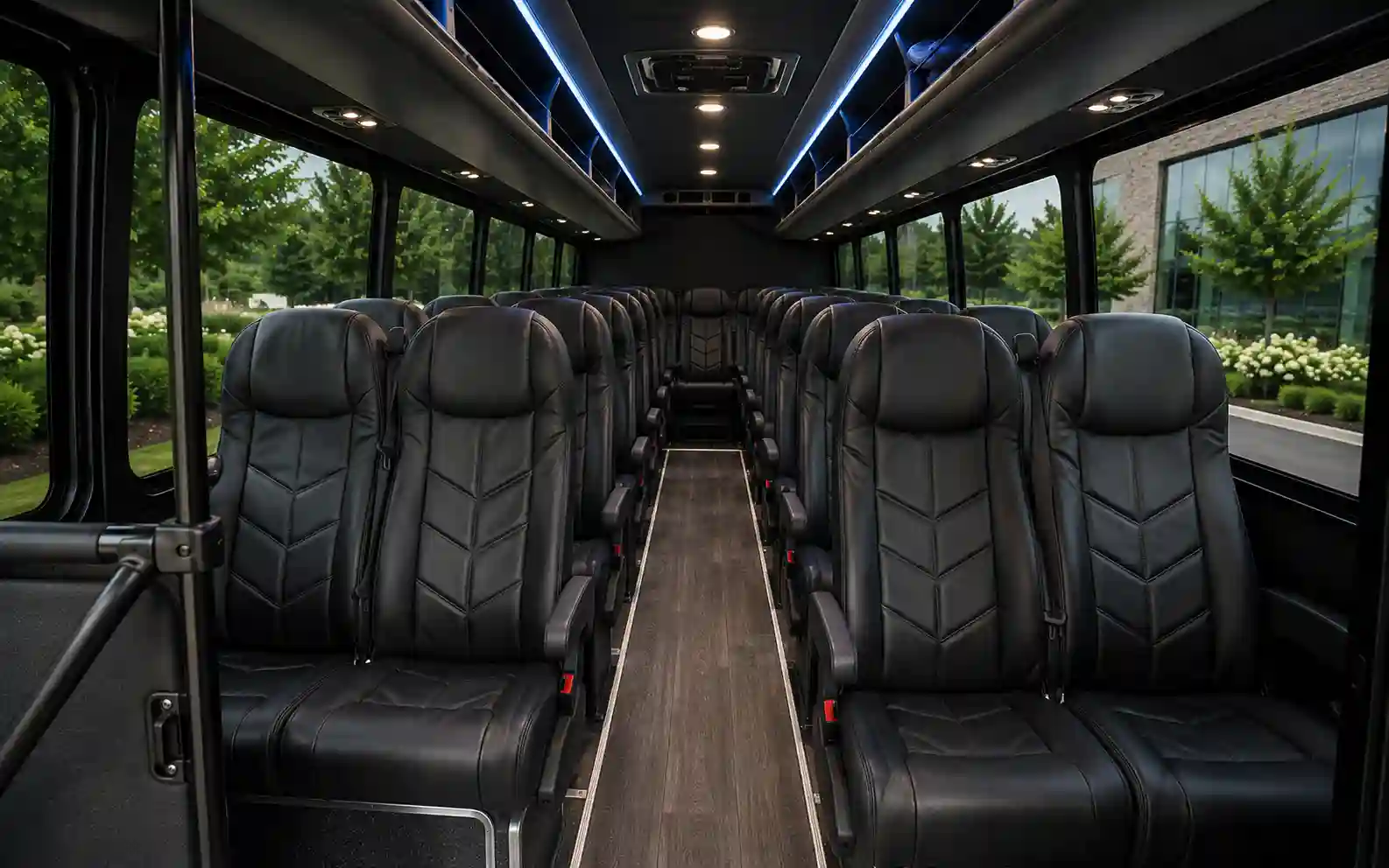 Interior seating aisle of a charter coach bus