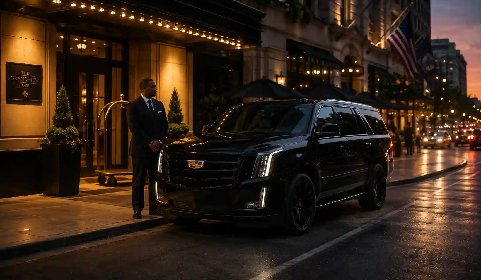 Cadillac XTS waiting kerbside outside a hotel in New York