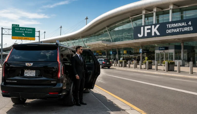 Black luxury car outside a terminal at JFK Airport in New York