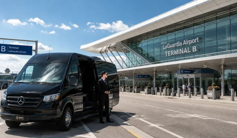 Luxury car waiting outside a terminal at LaGuardia Airport in New York