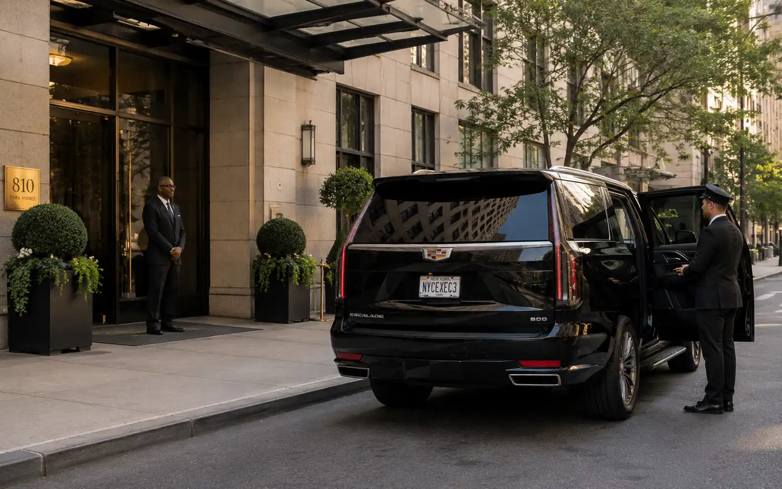 Chauffeur standing beside a black car at the kerb outside a Manhattan building entrance
