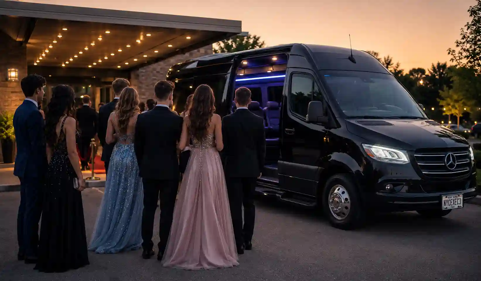 Group of students in formal wear beside a Sprinter van on prom night