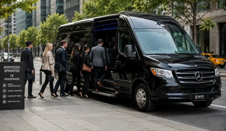 Mercedes Benz Sprinter van with side door open as a group boards in New York