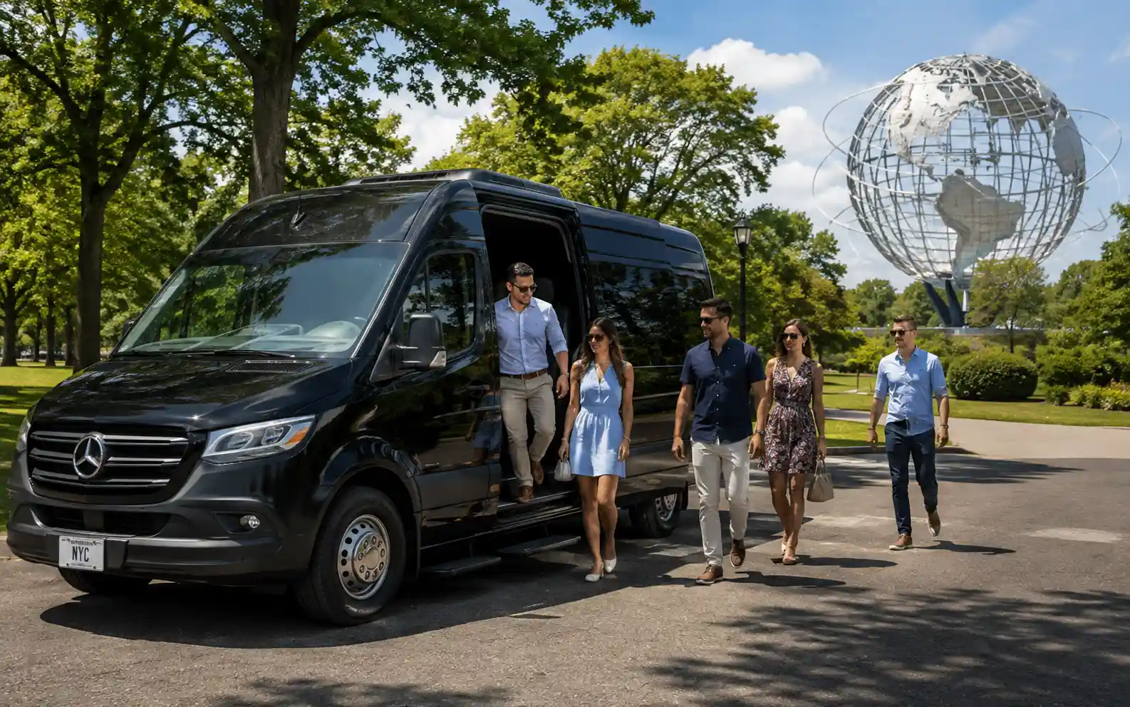 Group stepping out of a black Mercedes Sprinter van in a park in Queens, New York