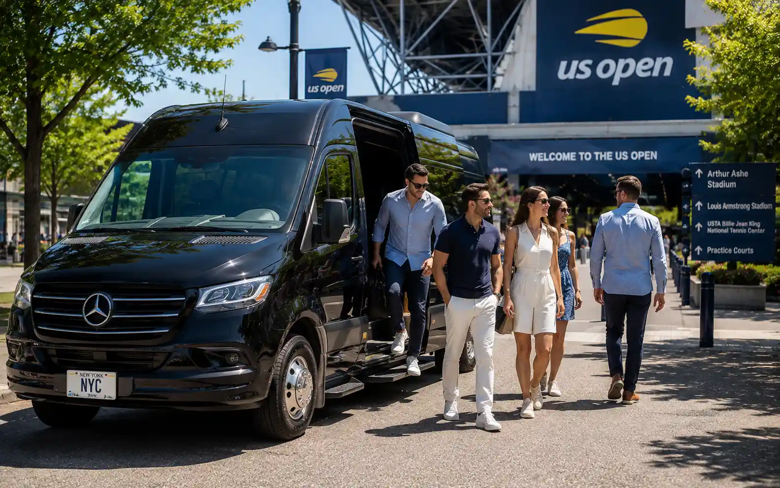 Group stepping out of a Mercedes Sprinter van near the US Open tennis grounds in Queens