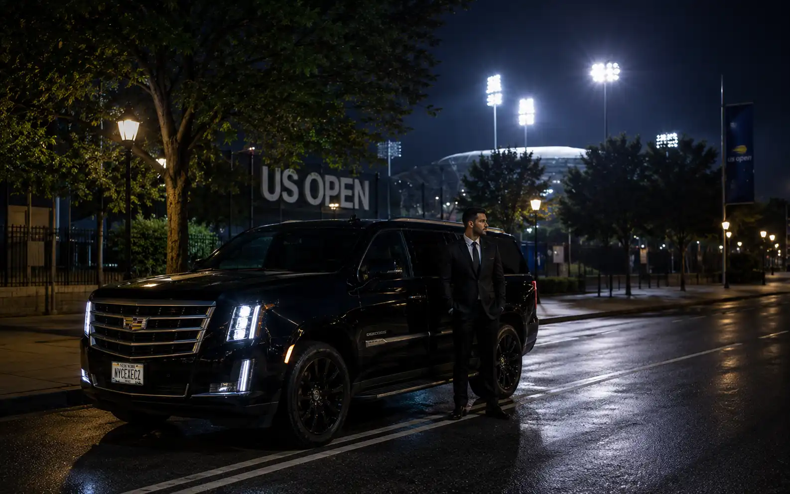 Chauffeur waiting beside a black car at night near the US Open tennis grounds in Queens