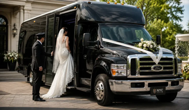 Bride beside a black wedding limousine in New York