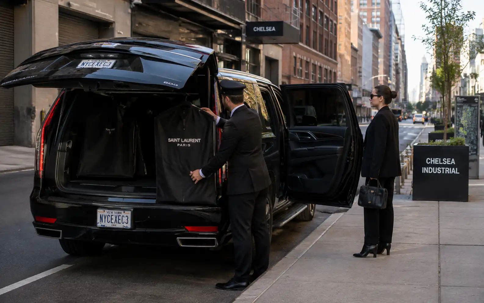 Garment bags being loaded into the back of a black chauffeured car in New York