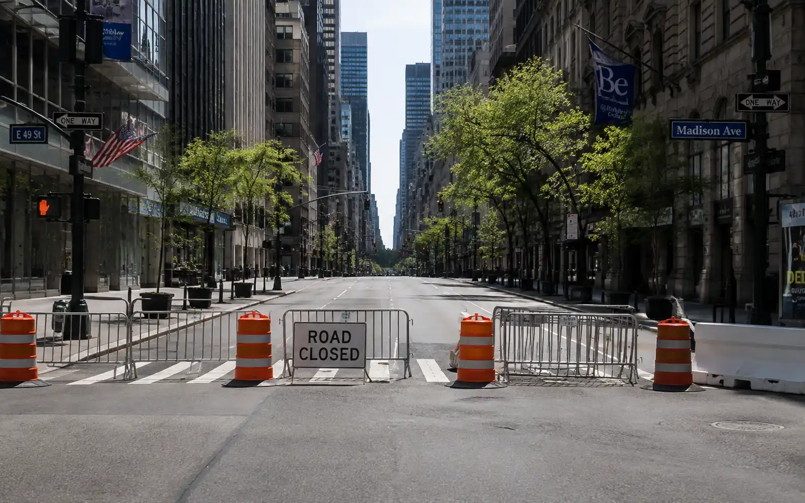 Barriers closing a New York City street to traffic