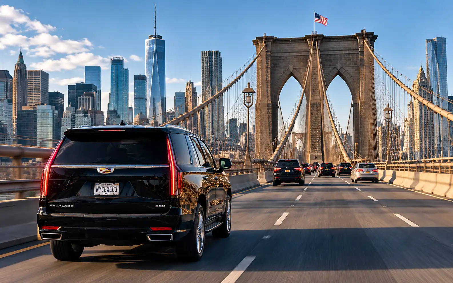 Black Cadillac Escalade crossing the Brooklyn Bridge into Manhattan