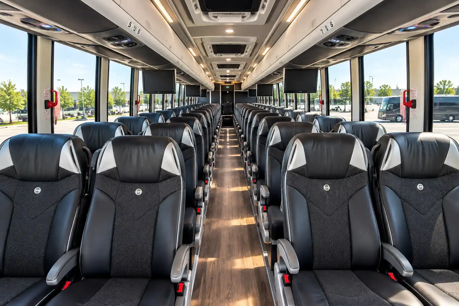 Reclining seats and centre aisle inside a Mercedes 56-seat motor coach
