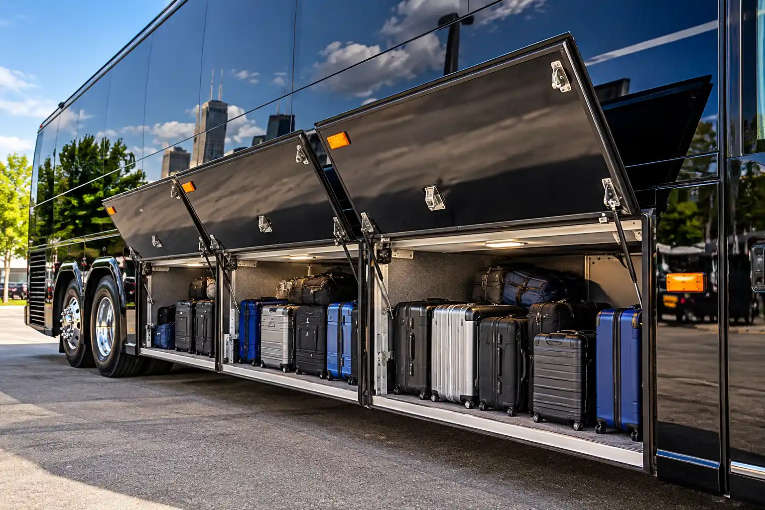Open under-floor luggage bays on a Mercedes charter motor coach