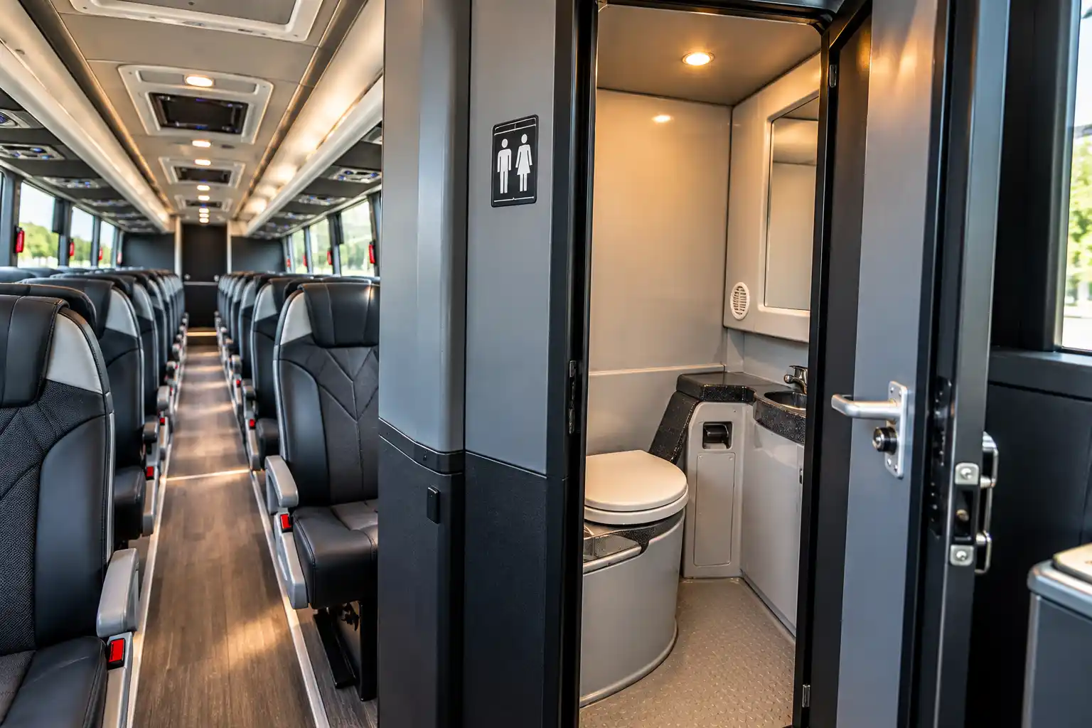 Onboard restroom on a motor coach for long-distance charters from New York